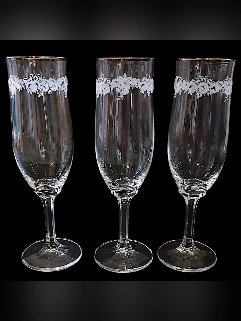 3 Johann Haviland Sweetheart Rose Champagne Flutes Crystal Vtg Floral Stemware
